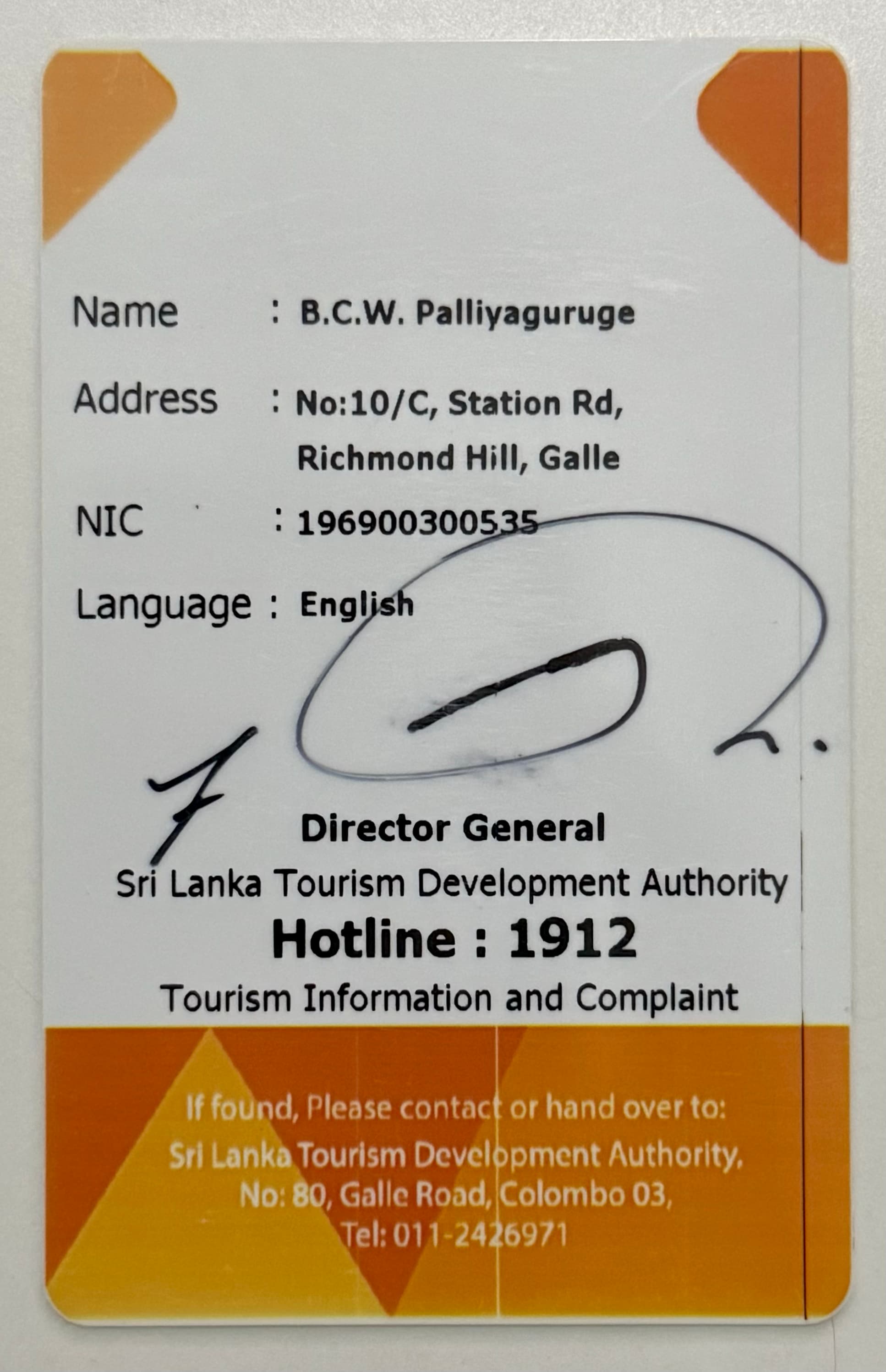 Official Tourist Guide Lecturer License Certificate of Bhathiya Tours
