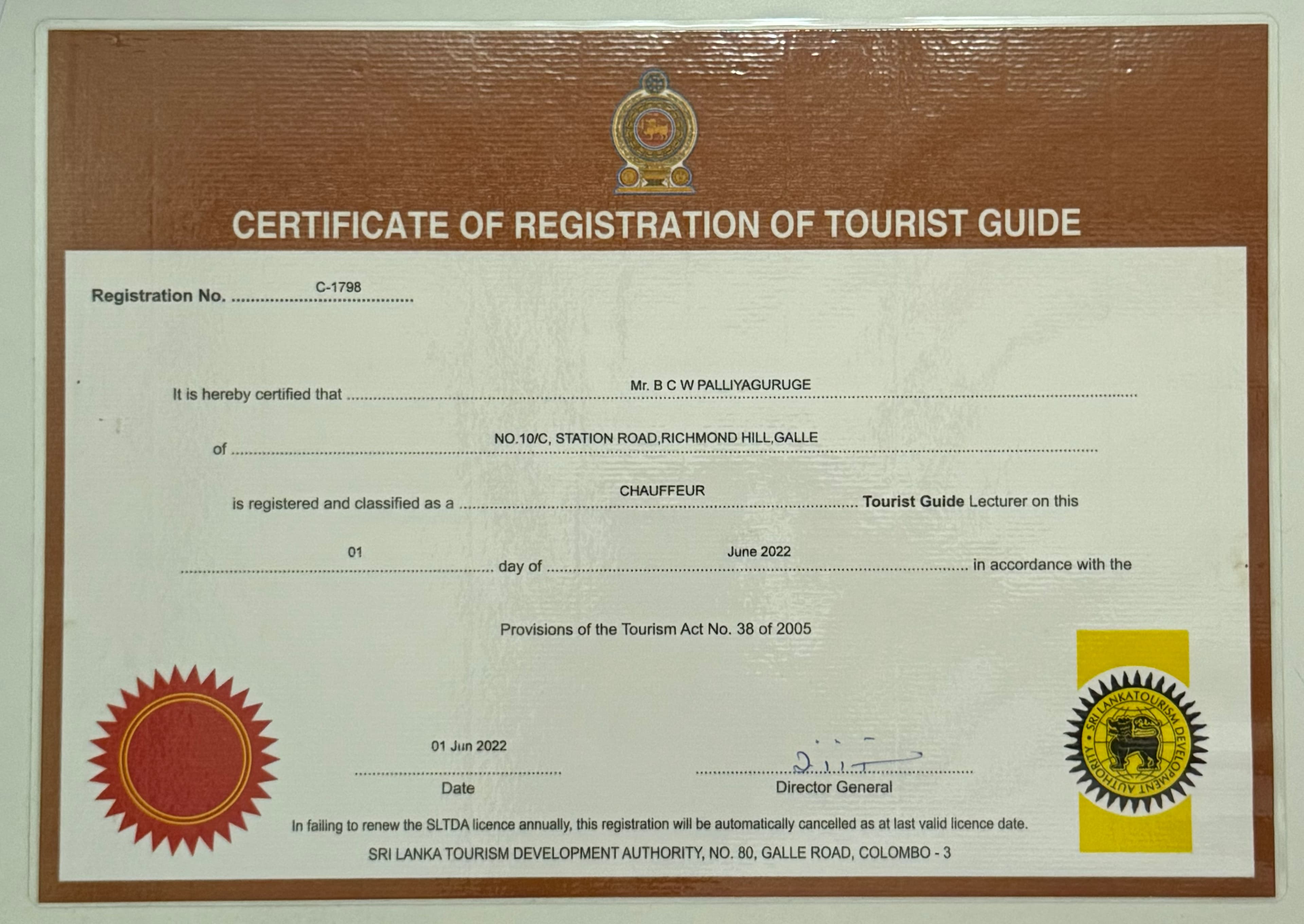 Certified Tourist Driver and Transport License of Bhathiya Tours